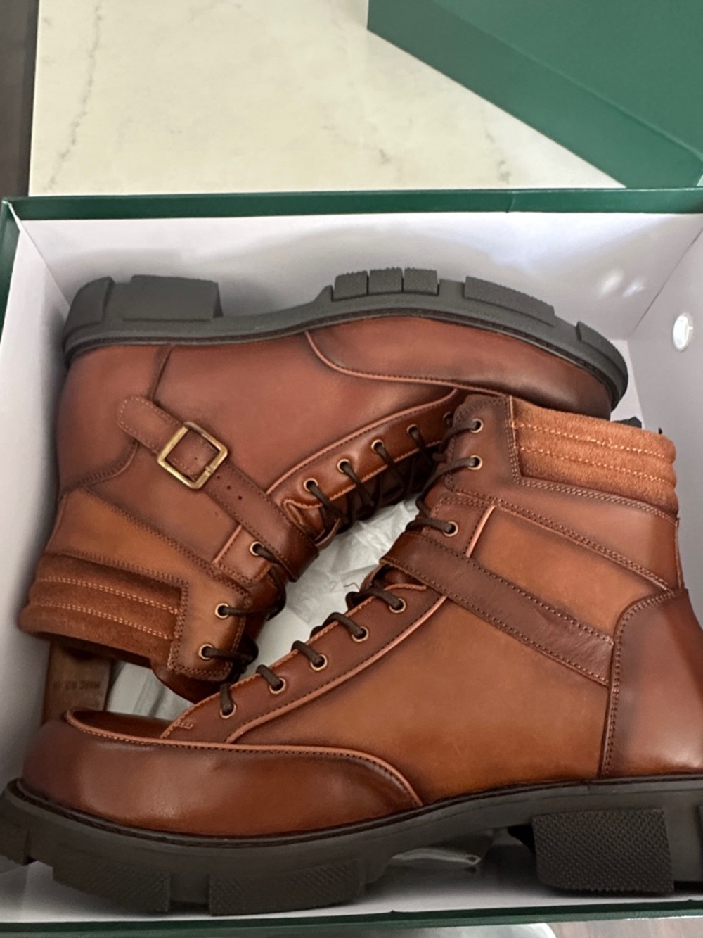 Men's Tan Leather Lace-Up Ankle Boots with Buckle Strap